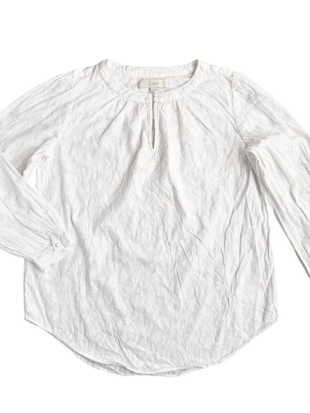 LOFT White Floral Jacquard Pleated Henley Blouse S